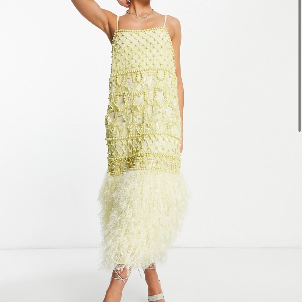 ASOS EDITION pearl embellished cami midi dress with faux feather dress in lemon